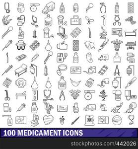 100 medicament icons set in outline style for any design vector illustration. 100 medicament icons set, outline style