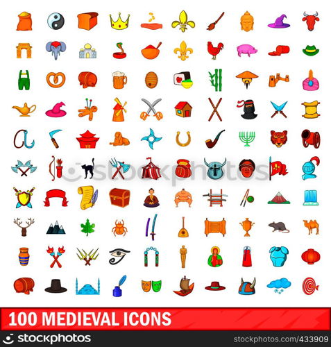 100 medieval icons set in cartoon style for any design vector illustration. 100 medieval icons set, cartoon style