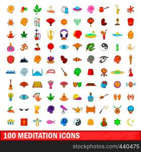 100 meditation icons set in cartoon style for any design vector illustration. 100 meditation icons set, cartoon style