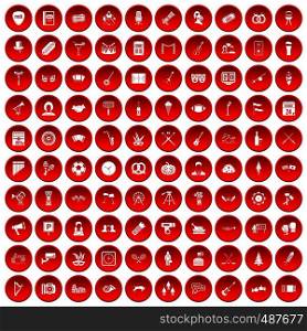 100 meeting icons set in red circle isolated on white vector illustration. 100 meeting icons set red