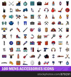 100 mens accessories icons set. Cartoon illustration of 100 mens accessories vector icons isolated on white background. 100 mens accessories icons set, cartoon style
