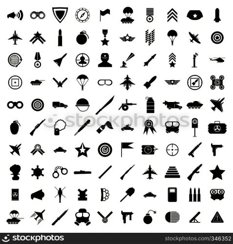 100 military icons set in simple style on a white background. 100 military icons set, simple style