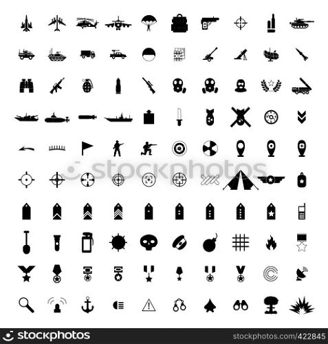 100 military simple black icons set isolated on a white. 100 military simple black icons