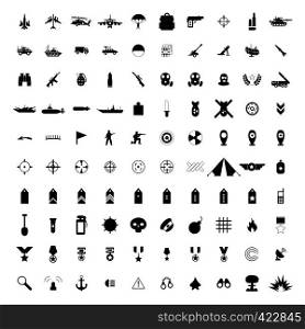 100 military simple black icons set isolated on a white. 100 military simple black icons