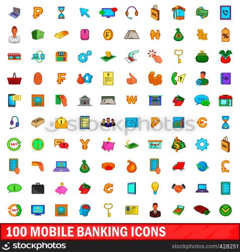 100 mobile banking icons set in cartoon style for any design vector illustration. 100 mobile banking icons set, cartoon style