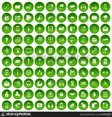 100 mobile icons set green circle isolated on white background vector illustration. 100 mobile icons set green circle