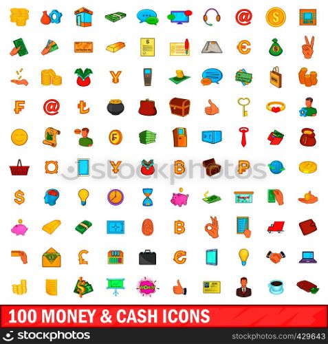 100 money and cash icons set in cartoon style for any design vector illustration. 100 money and cash icons set, cartoon style