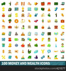 100 money and wealth icons set in cartoon style for any design vector illustration. 100 money and wealth icons set, cartoon style