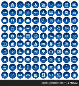 100 money icons set in blue circle isolated on white vector illustration. 100 money icons set blue