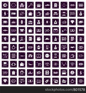 100 money icons set in grunge style purple color isolated on white background vector illustration. 100 money icons set grunge purple