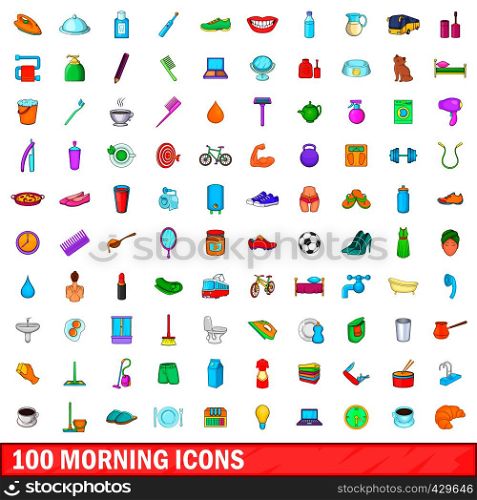 100 morning icons set in cartoon style for any design vector illustration. 100 morning icons set, cartoon style