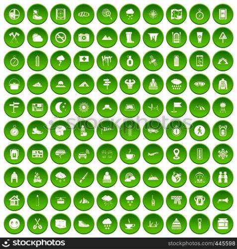 100 mountaineering icons set green circle isolated on white background vector illustration. 100 mountaineering icons set green circle