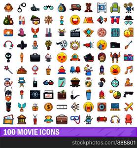 100 movie icons set. Cartoon illustration of 100 movie vector icons isolated on white background. 100 movie icons set, cartoon style