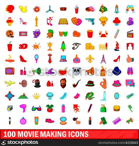 100 movie making icons set in cartoon style for any design vector illustration. 100 movie making icons set, cartoon style