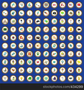 100 multimedia icons circle set on blue background cartoon style vector illustration. 100 multimedia icons set cartoon vector