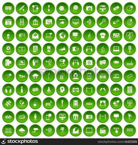100 multimedia icons set green circle isolated on white background vector illustration. 100 multimedia icons set green circle