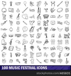 100 music festival icons set in outline style for any design vector illustration. 100 music festival icons set, outline style