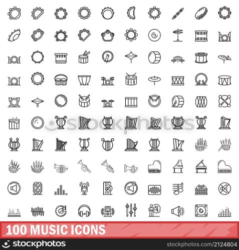 100 music icons set. Outline illustration of 100 music icons vector set isolated on white background. 100 music icons set, outline style