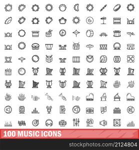 100 music icons set. Outline illustration of 100 music icons vector set isolated on white background. 100 music icons set, outline style