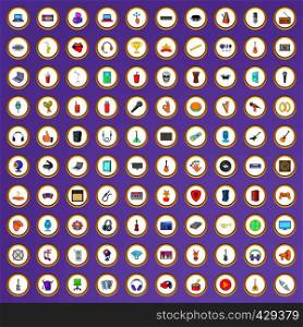 100 music studio icons set in cartoon style on purple background vector illustration. 100 music studio icons set in cartoon style