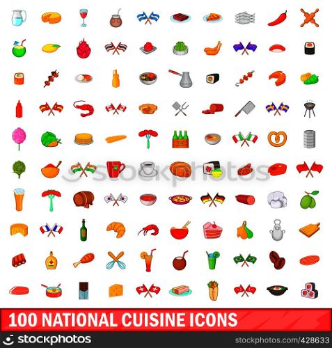 100 national cuisine icons set in cartoon style for any design vector illustration. 100 national cuisine icons set, cartoon style
