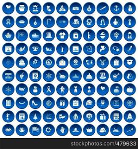 100 national holiday icons set in blue circle isolated on white vector illustration. 100 national holiday icons set blue