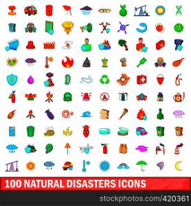 100 natural disasters icons set in cartoon style for any design vector illustration. 100 natural disasters icons set, cartoon style