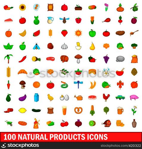 100 natural product icons set in cartoon style for any design vector illustration. 100 natural product icons set, cartoon style