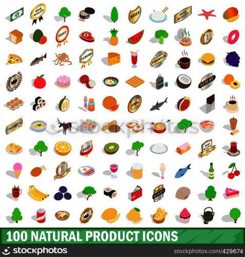 100 natural product icons set in isometric 3d style for any design vector illustration. 100 natural product icons set, isometric 3d style