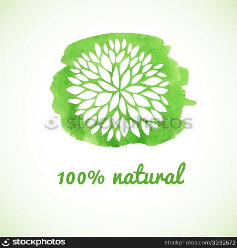 100 natural. Vector banner. Logotype design with flower on watercolor green background. Hand drawn design elements. For beauty salon, health clinic, yoga and massage senter.