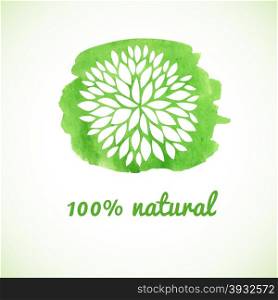 100 natural. Vector banner. Logotype design with flower on watercolor green background. Hand drawn design elements. For beauty salon, health clinic, yoga and massage senter.