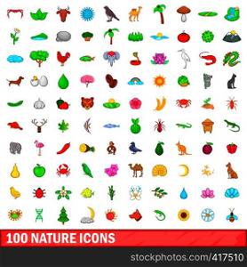 100 nature icons set in cartoon style for any design vector illustration. 100 nature icons set, cartoon style
