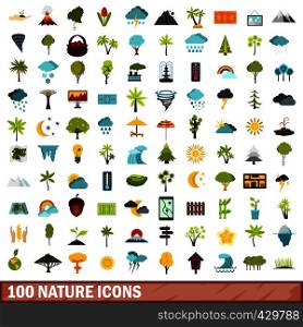 100 nature icons set in flat style for any design vector illustration. 100 nature icons set, flat style
