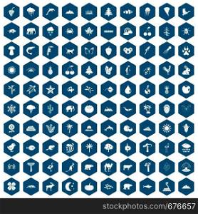 100 nature icons set in sapphirine hexagon isolated vector illustration. 100 nature icons sapphirine violet