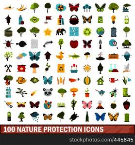 100 nature protection icons set in flat style for any design vector illustration. 100 nature protection icons set, flat style