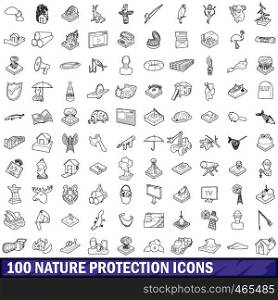 100 nature protection icons set in outline style for any design vector illustration. 100 nature protection icons set, outline style