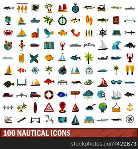 100 nautical icons set in flat style for any design vector illustration. 100 nautical icons set, flat style