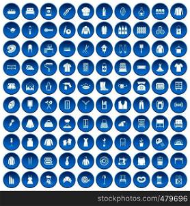100 needlework icons set in blue circle isolated on white vector illustration. 100 needlework icons set blue