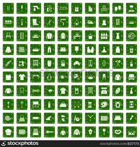 100 needlework icons set in grunge style green color isolated on white background vector illustration. 100 needlework icons set grunge green