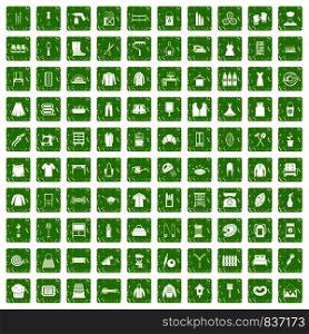 100 needlework icons set in grunge style green color isolated on white background vector illustration. 100 needlework icons set grunge green