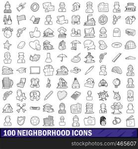 100 neighborhood icons set in outline style for any design vector illustration. 100 neighborhood icons set, outline style