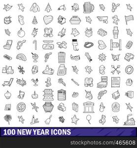 100 new year icons set in outline style for any design vector illustration. 100 new year icons set, outline style
