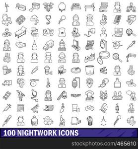 100 nightwork icons set in outline style for any design vector illustration. 100 nightwork icons set, outline style