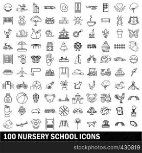 100 nursery school icons set in outline style for any design vector illustration. 100 nursery school icons set, outline style