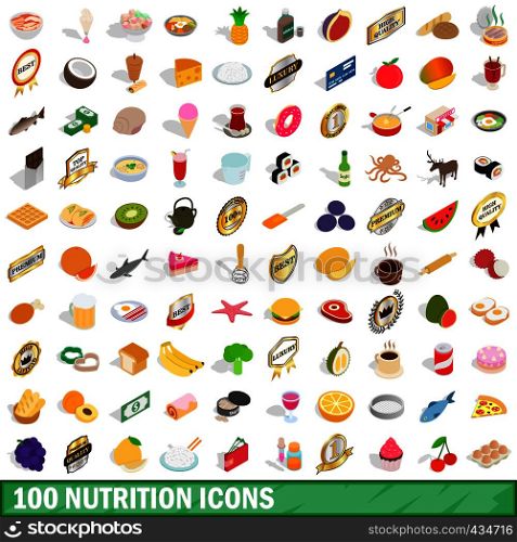 100 nutrition icons set in isometric 3d style for any design vector illustration. 100 nutrition icons set, isometric 3d style