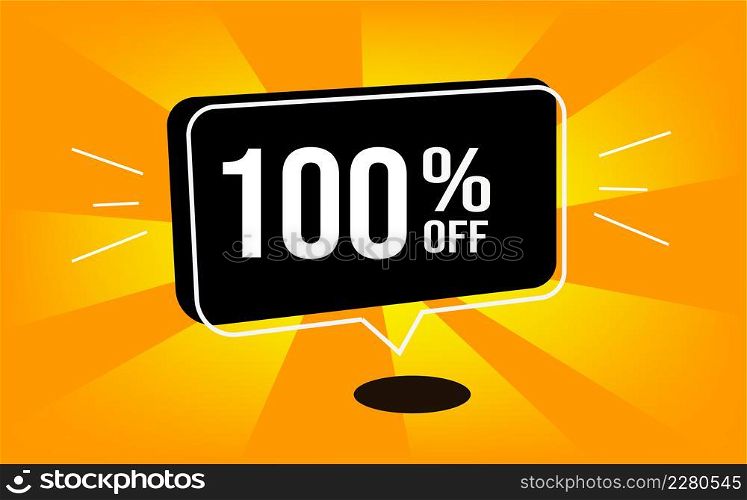 100% off. Orange banner and balloon with one hundred percent discount on purchase.