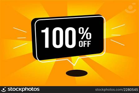 100% off. Orange banner and balloon with one hundred percent discount on purchase.