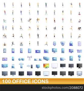 100 office icons set. Cartoon illustration of 100 office icons vector set isolated on white background. 100 office icons set, cartoon style