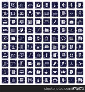 100 office icons set in grunge style sapphire color isolated on white background vector illustration. 100 office icons set grunge sapphire