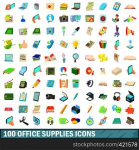 100 office supplies icons set in cartoon style for any design vector illustration. 100 office supplies icons set, cartoon style